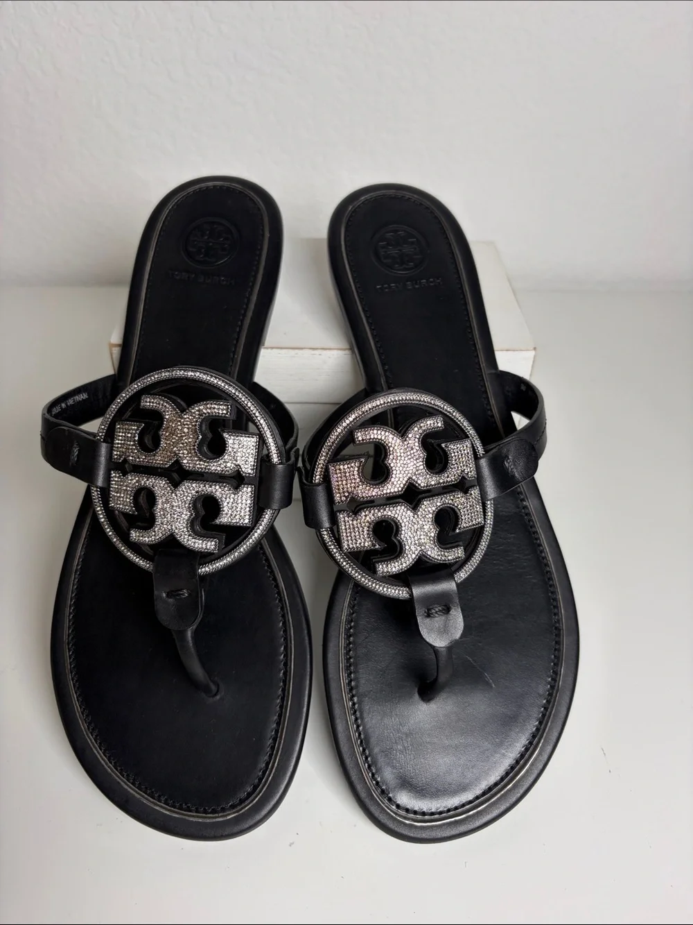 Tory Burch Miller Crystal Logo Flip Flop Black Size 9